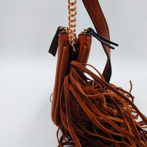 Aldo Brown Fringed Crossbody Bag Zippered Chain Faux Leather 8 Inch Boho - Picture 14 of 14